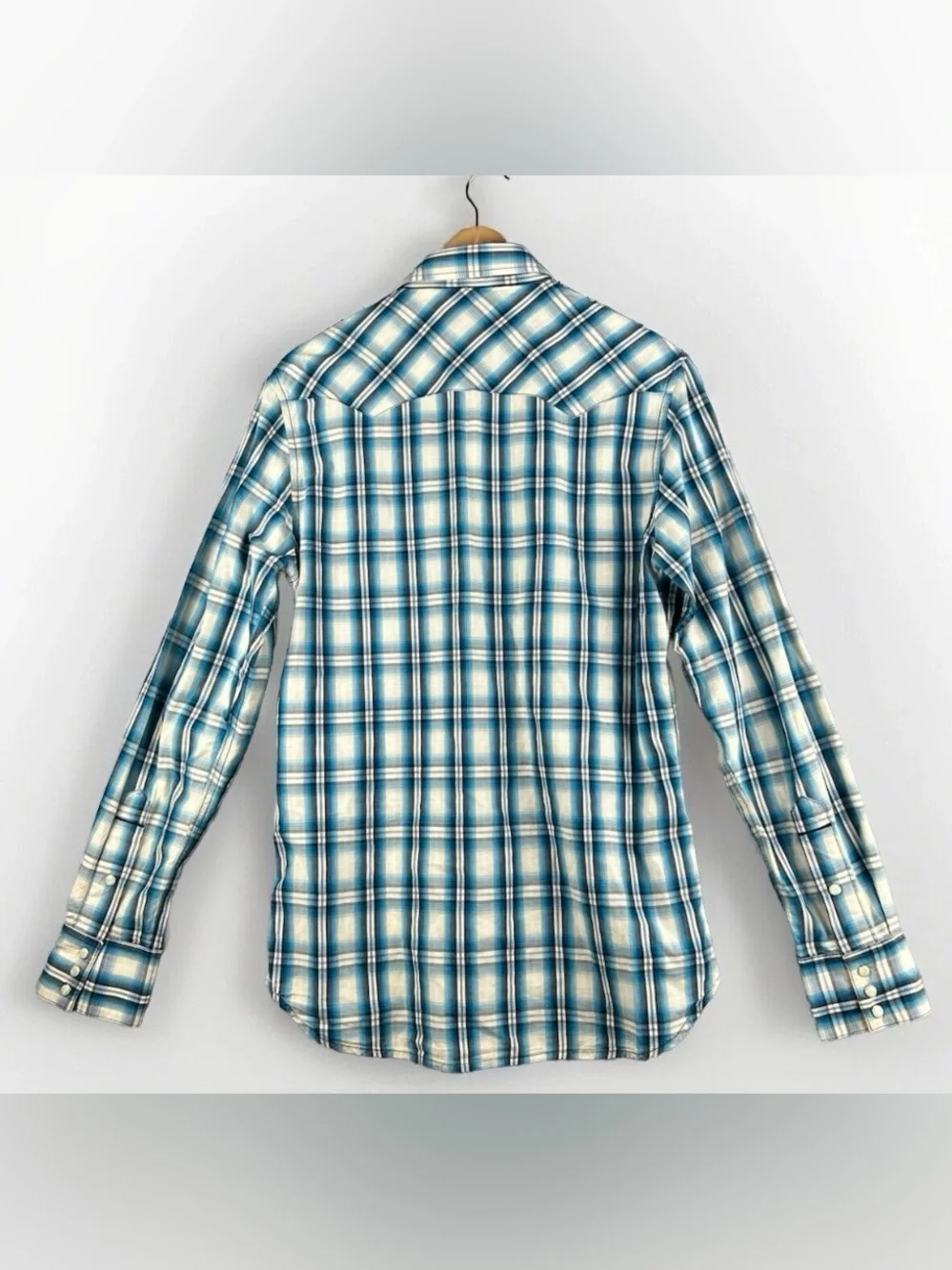 True Religion Men's Shirt Med Western Blue Plaid Pearl Snap Button Cowboy Core